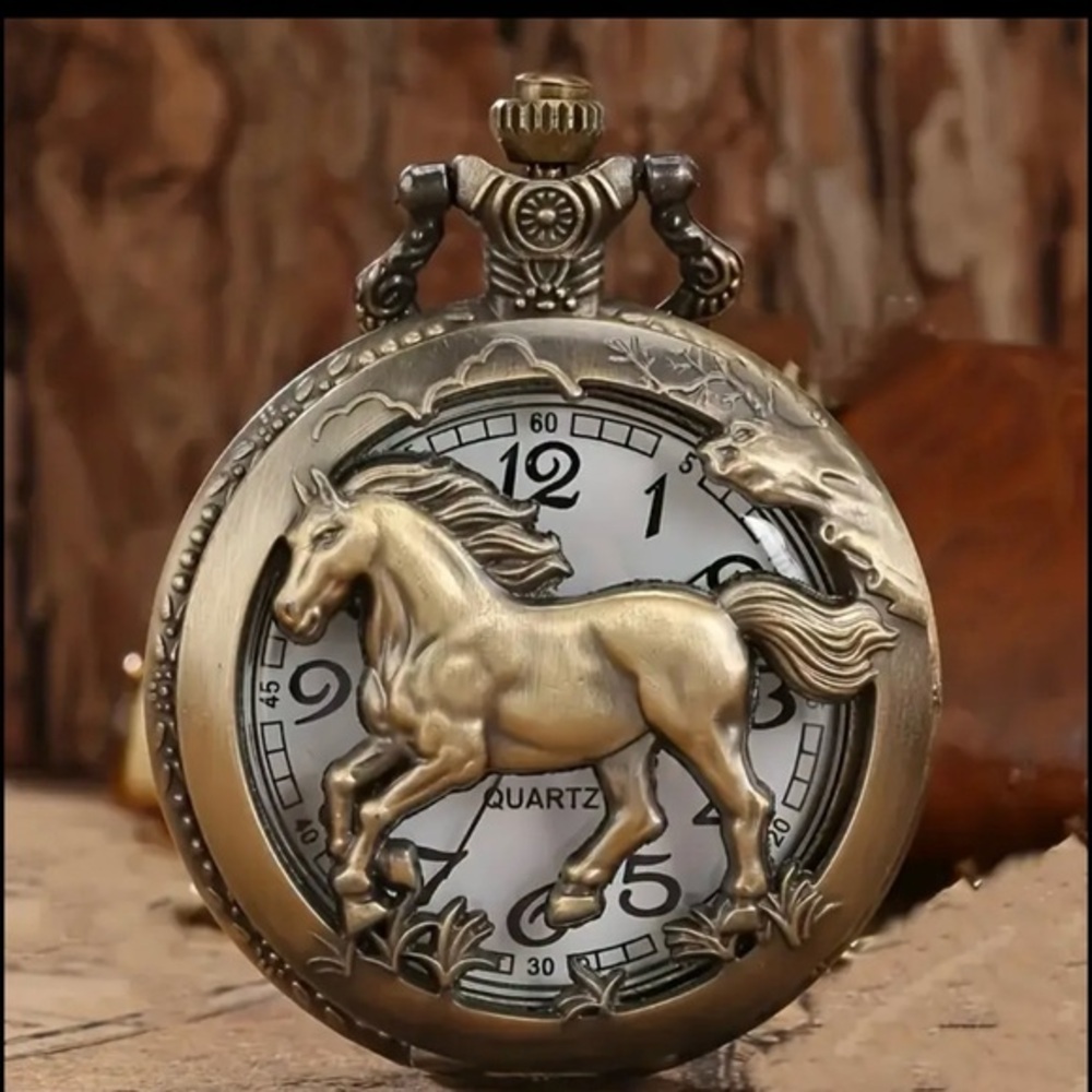 Bronze Vintage Style Horse Pocket Watch with Chain